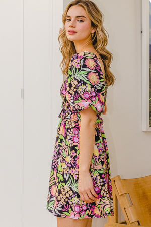 Full Size Floral Tie-Back Mini Dress - Sydney So Sweet