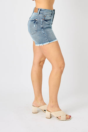 Judy Blue Full Size Button Fly Raw Hem Denim Shorts - Sydney So Sweet