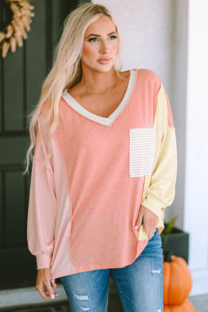 Color Block V-Neck Dropped Shoulder Sweatshirt with Pocket - Sydney So Sweet