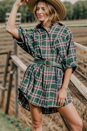 Plaid Button Up Collared Neck Shirt Dress - Sydney So Sweet