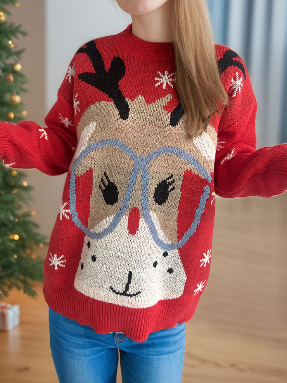 Reindeer Round Neck Dropped Shoulder Sweater - Sydney So Sweet