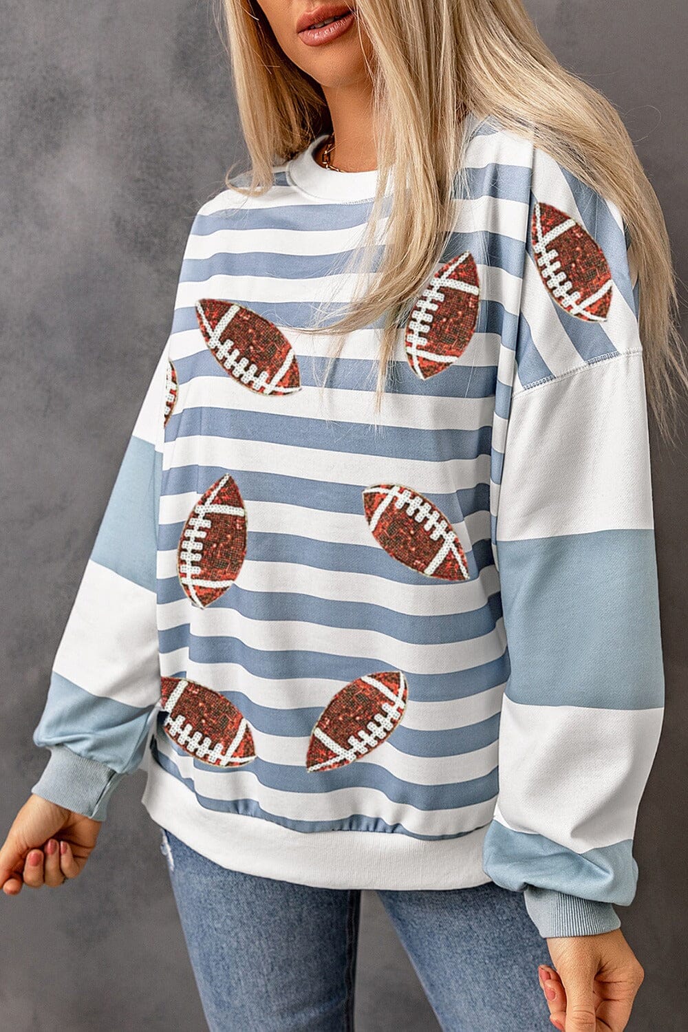 Football Striped Round Neck Long Sleeve Sweatshirt - Sydney So Sweet