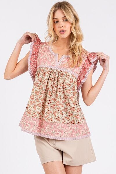 Mittoshop Floral Notched Ruffled Cap Sleeve Blouse - Sydney So Sweet