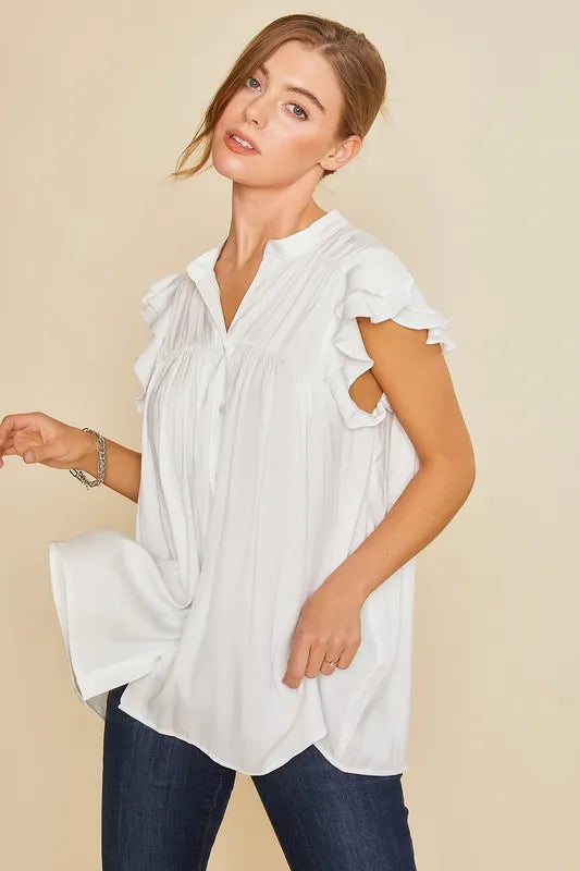 Annie Wear Ruffle Sleeve Shirred Flowy Woven Tunic Shirts - Sydney So Sweet