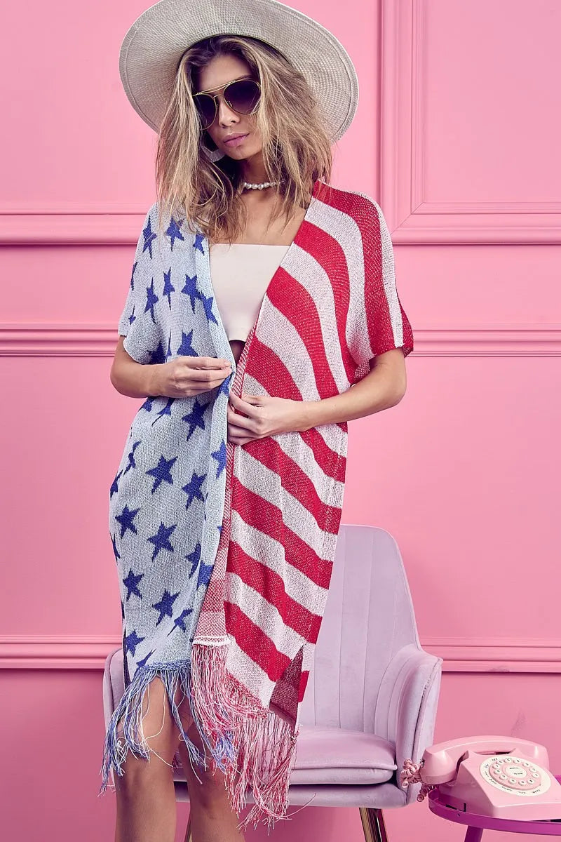 BiBi American Flag Theme Fringed Knit Cardigan - Sydney So Sweet