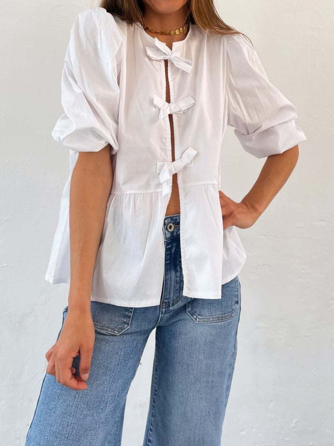 Tied Round Neck Balloon Sleeve Shirt - Sydney So Sweet