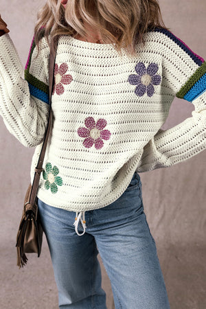 Flower Round Neck Long Sleeve Sweater - Sydney So Sweet