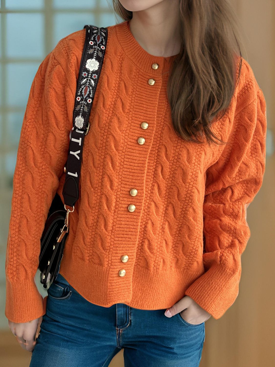 Cable-Knit Round Neck Long Sleeve Cardigan - Sydney So Sweet