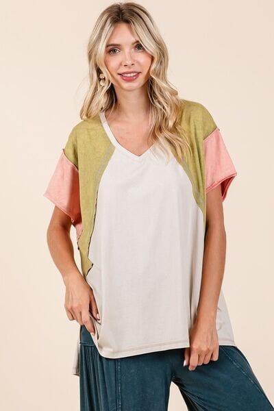Mittoshop Color Block V-Neck Short Sleeve T-Shirt - Sydney So Sweet