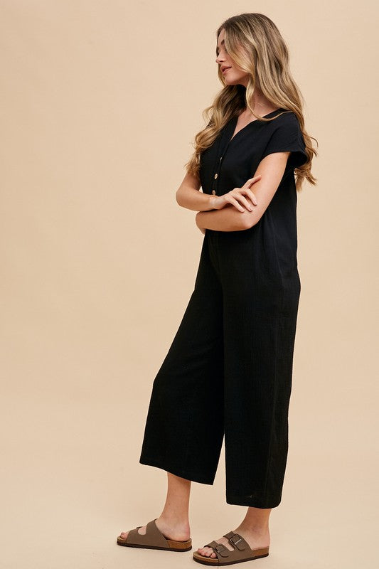 Annie Wear Button Detail Wide Leg Jumpsuit with Pockets - Sydney So Sweet