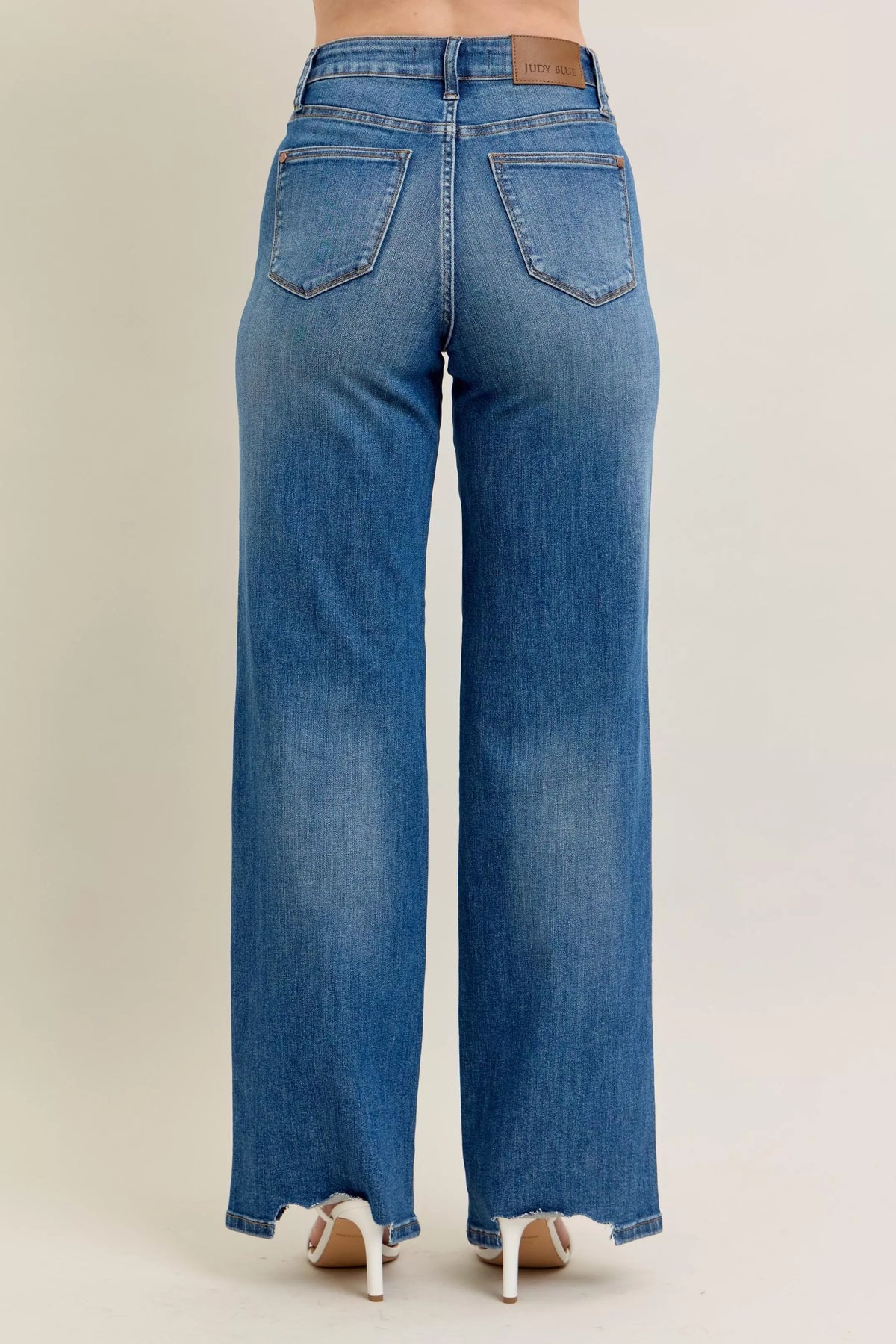 Judy Blue Full Size High Waist Tummy Control Chew Hem Destroy Wide Jeans Plus Size - Sydney So Sweet