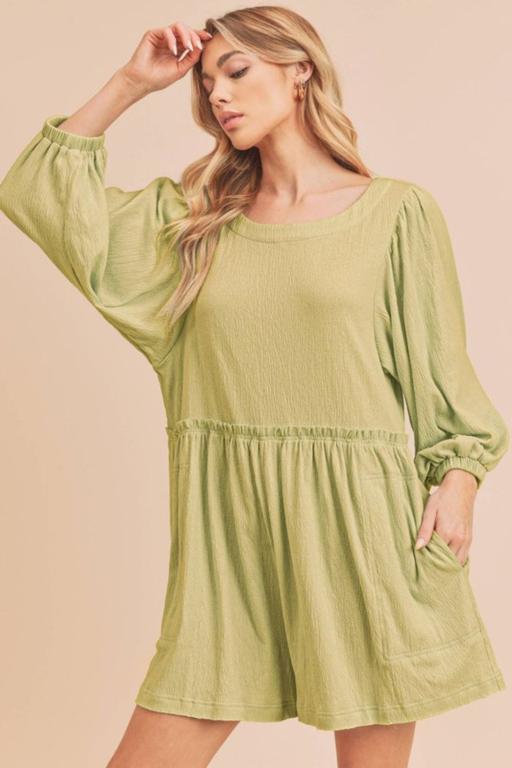 Aemi + Co Frill Round Neck Long Sleeve Romper with Pockets - Sydney So Sweet