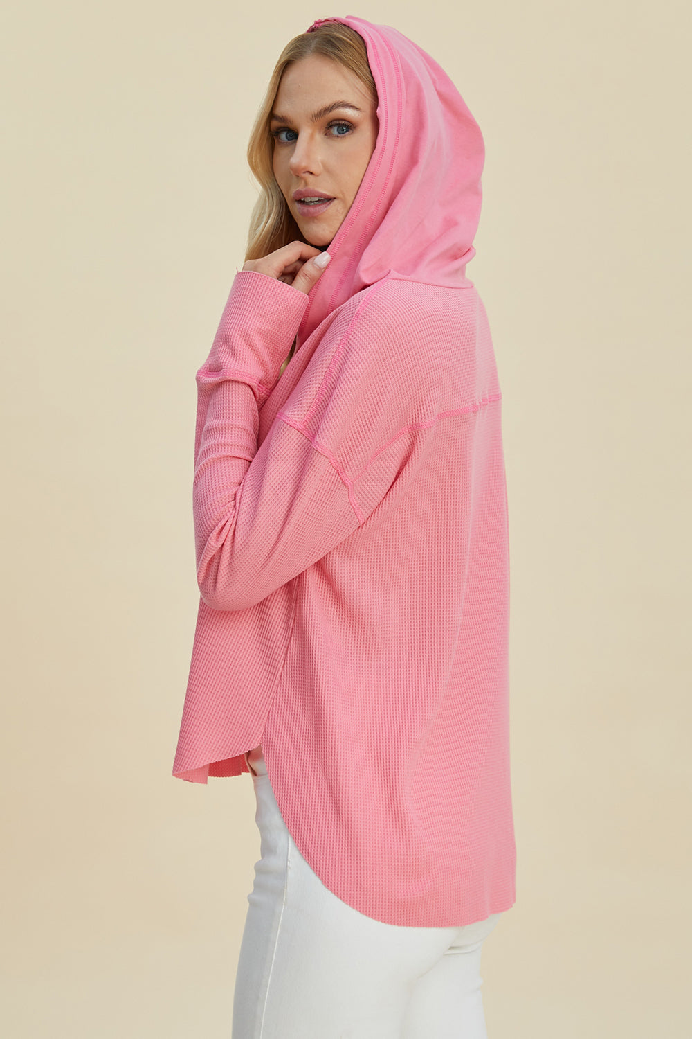 Double Take Full Size High-Low Dropped Shoulder Long Sleeve Hoodie - Sydney So Sweet