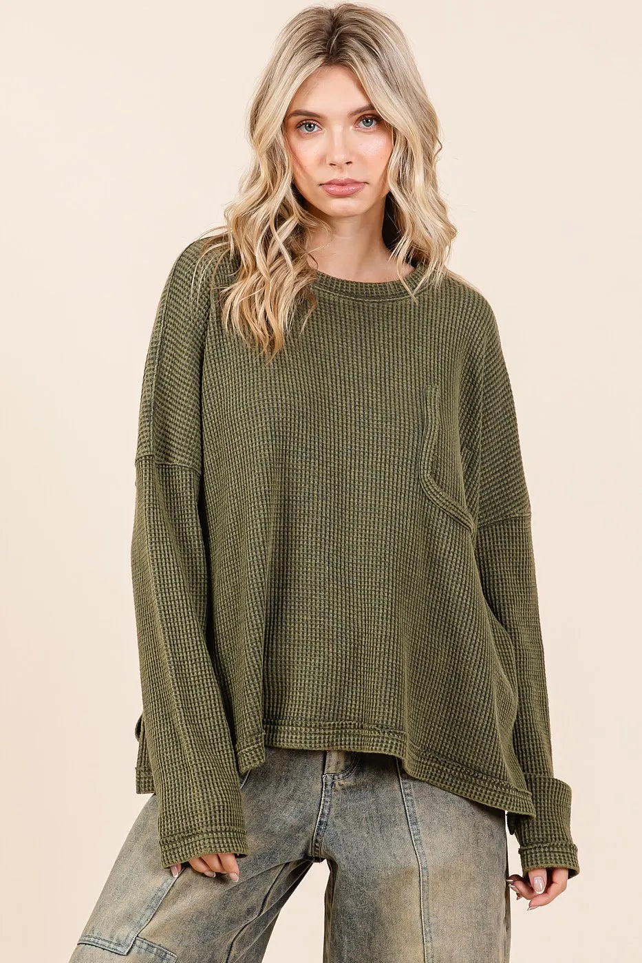Mittoshop Mineral Wash Cutout Pocket Long Sleeve Waffle Top - Sydney So Sweet