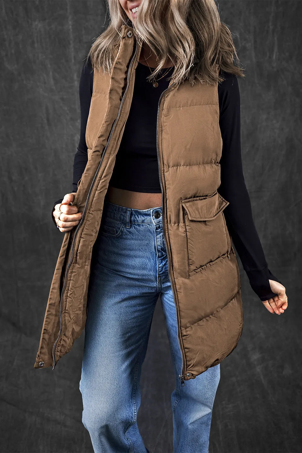 Pocketed Zip Up Vest Coat - Sydney So Sweet