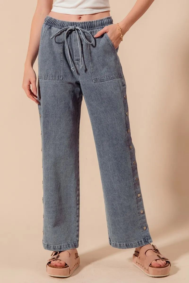 SO ME Mid Rise Drawstring Jeans with Side Snap Button - Sydney So Sweet
