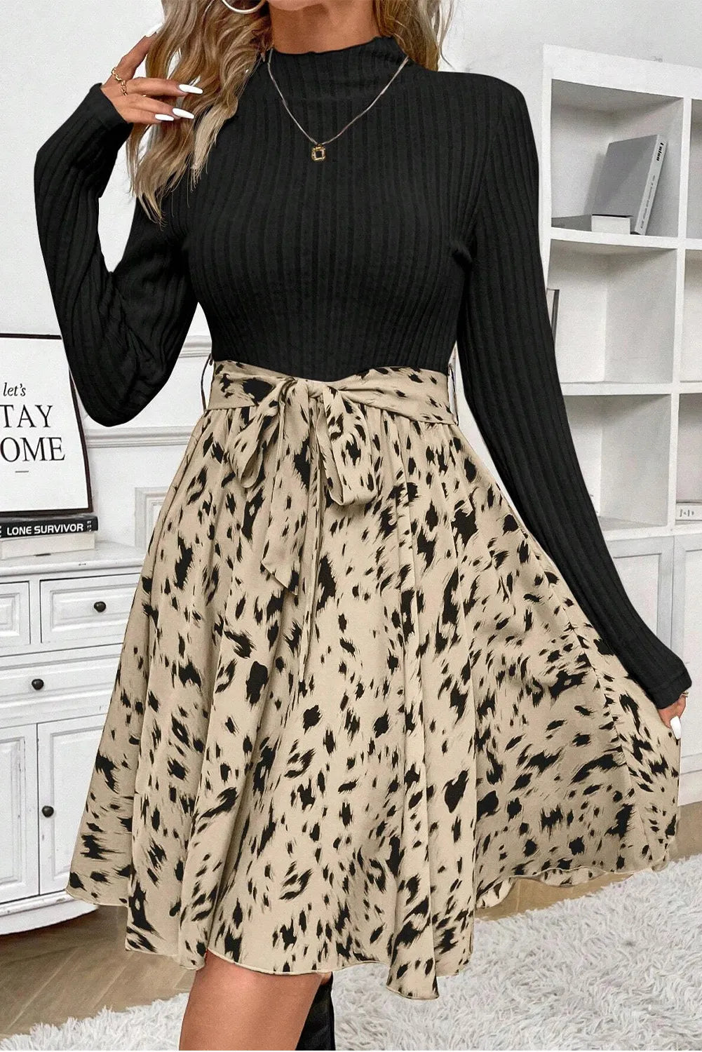 Tied Printed Mock Neck Long Sleeve Dress - Sydney So Sweet