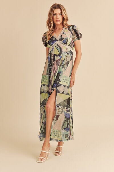 Aemi + Co Lace Detail Slit Geometric Print Short Sleeve Maxi Dress - Sydney So Sweet