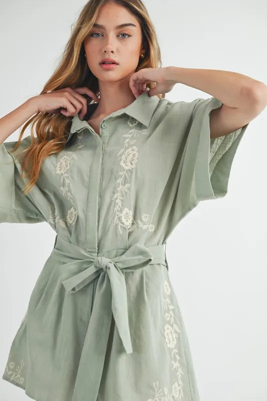 MABLE Embroidered Button Down Collared Neck Romper - Sydney So Sweet