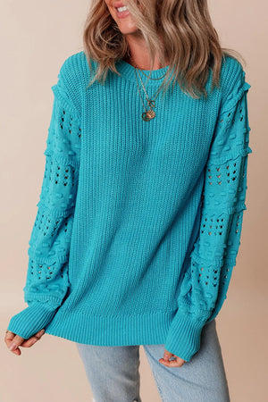 Openwork Frill Round Neck Long Sleeve Sweater - Sydney So Sweet