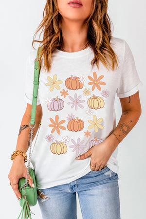 Pumpkin & Flower Round Neck Short Sleeve T-Shirt - Sydney So Sweet