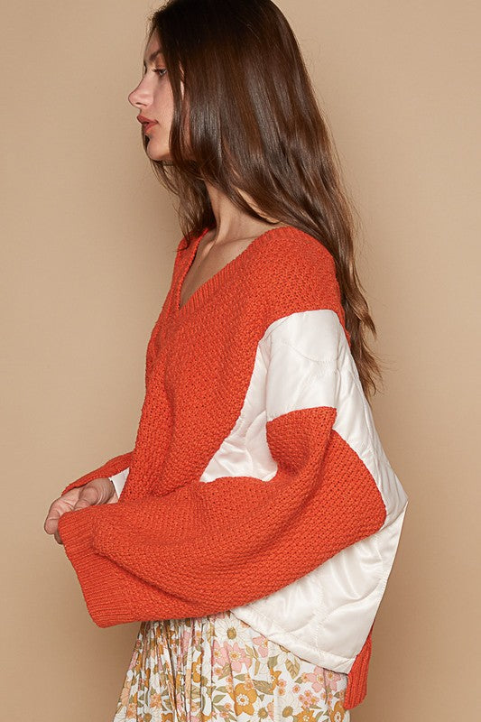 POL Cable Knit Quilting Patch V-Neck Contrast Sweater - Sydney So Sweet