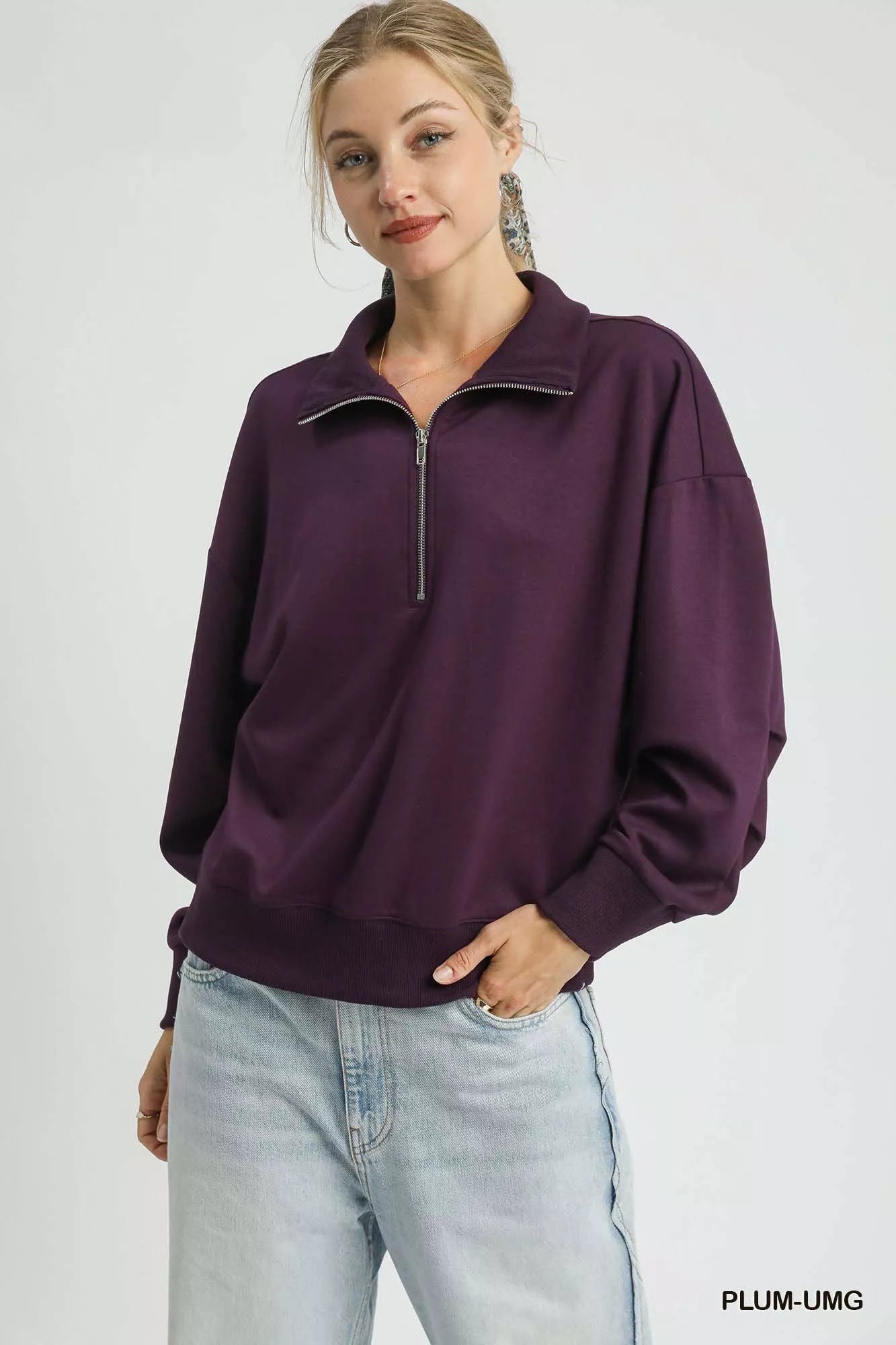 Umgee Half Zip Drop Shoulder Sweatshirt - Sydney So Sweet
