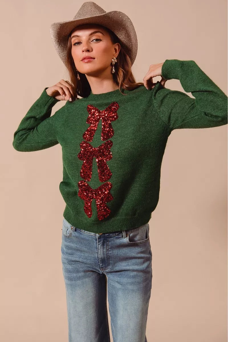 SO ME Sequins Bow Ribbon Embellished Christmas Sweater - Sydney So Sweet