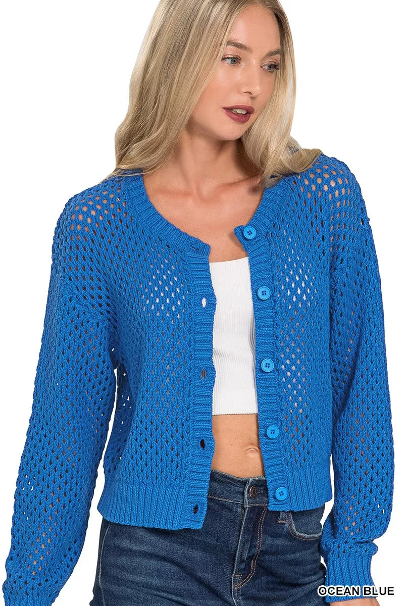 Zenana Button Down Lightweight Crochet Cardigan Sweater - Sydney So Sweet