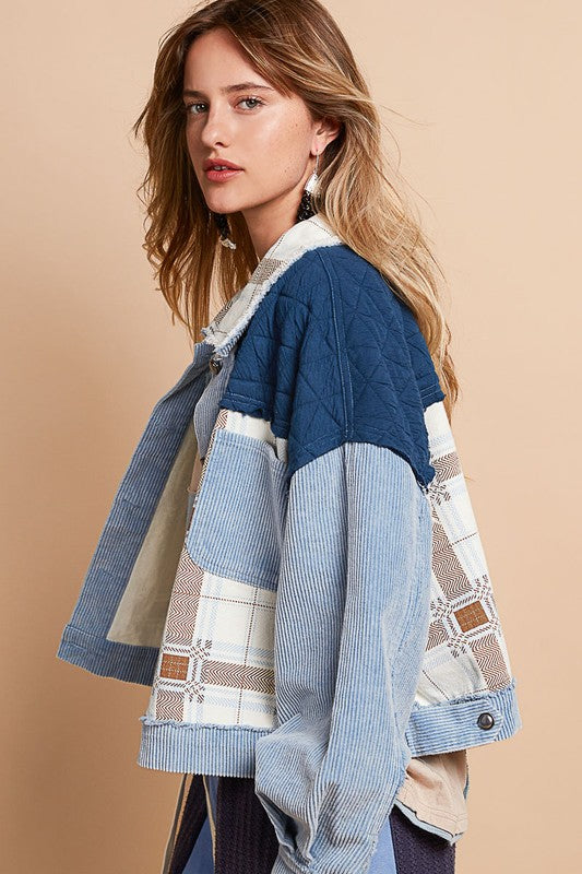 POL Corduroy Jacquard Patchwork Button Up Jacket - Sydney So Sweet