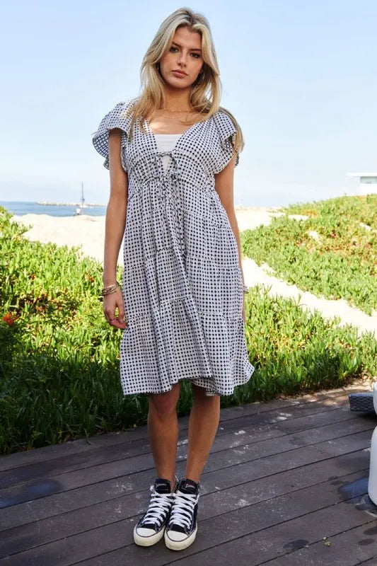 Davi & Dani Jacquard V-Neck Flutter Cap Sleeve Tiered Dress - Sydney So Sweet