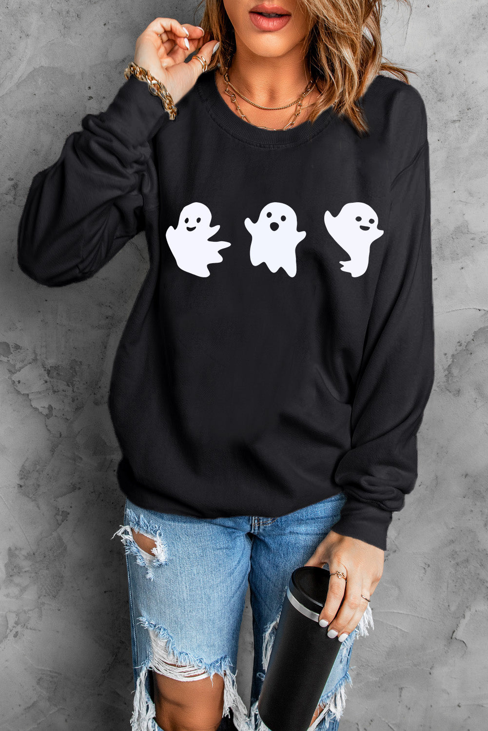 Ghost Round Neck Long Sleeve Sweatshirt - Sydney So Sweet