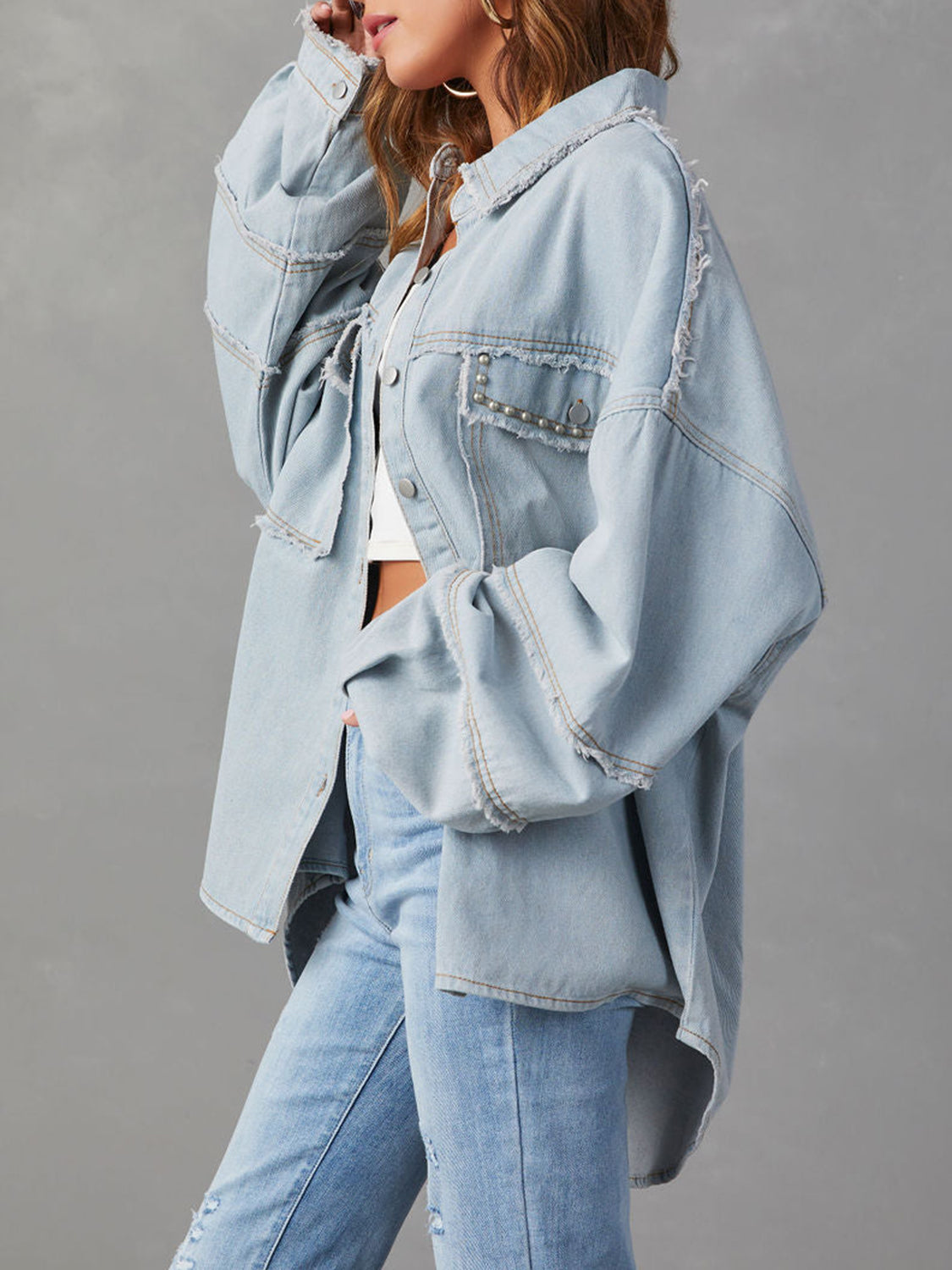 Button Down Raw Hem Denim Jacket - Sydney So Sweet