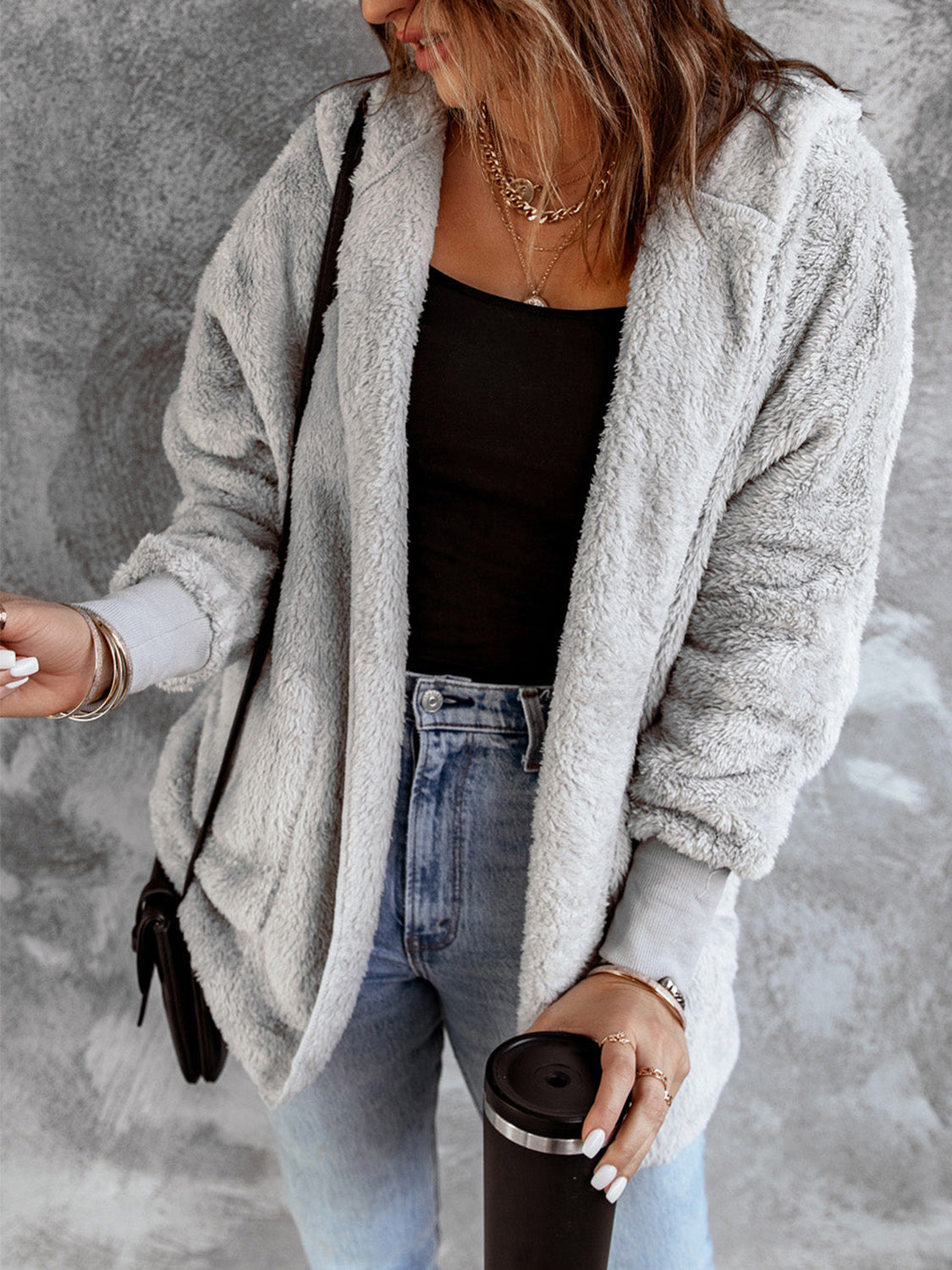 Open Front Hooded Faux Fur Cardigan with Pockets - Sydney So Sweet