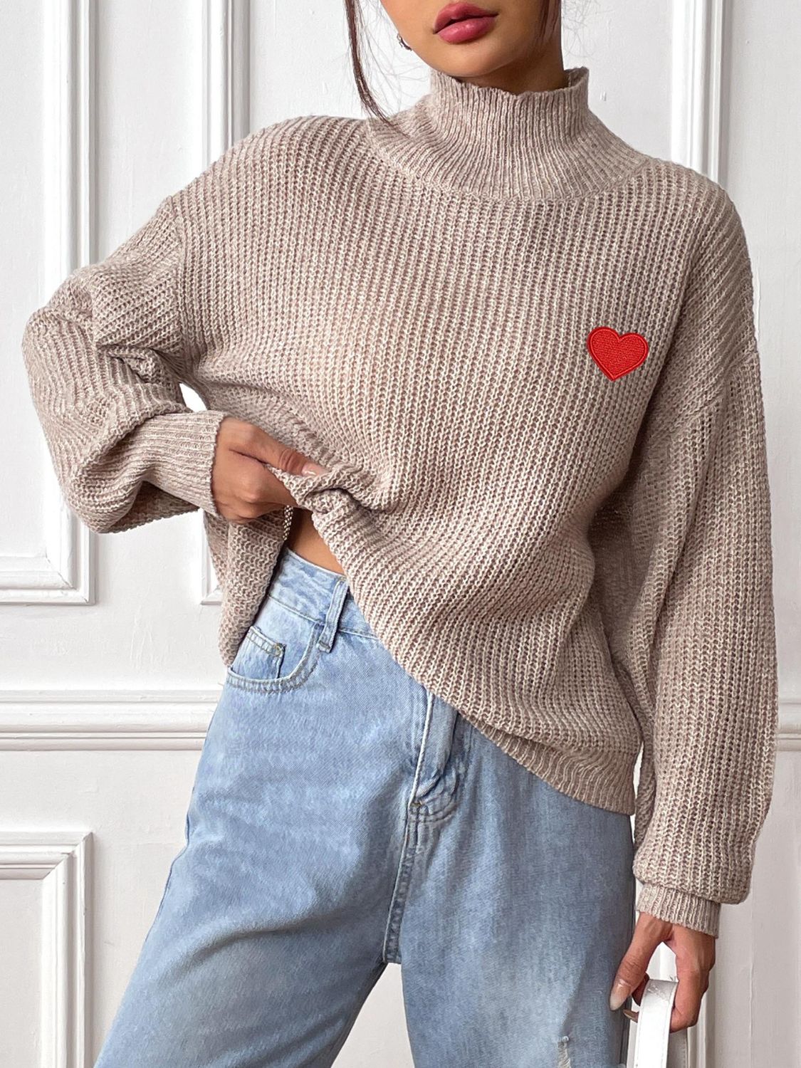 Heart Turtleneck Dropped Shoulder Long Sleeve Sweater - Sydney So Sweet