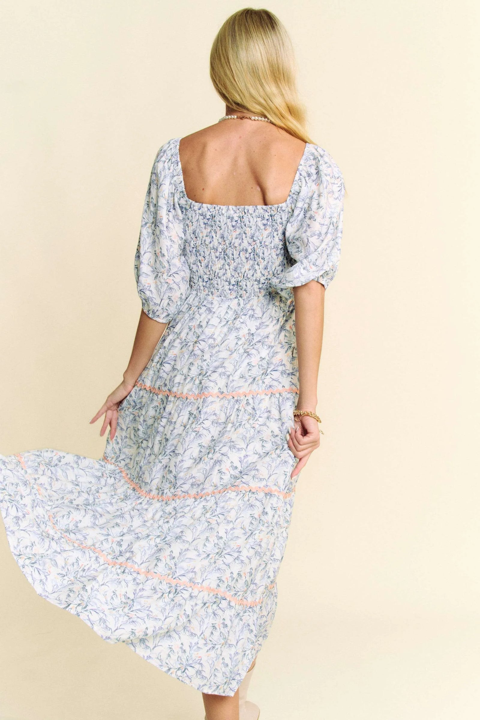 Davi & Dani Contrast Ric Smocking Bodice Tiered Midi Dress - Sydney So Sweet