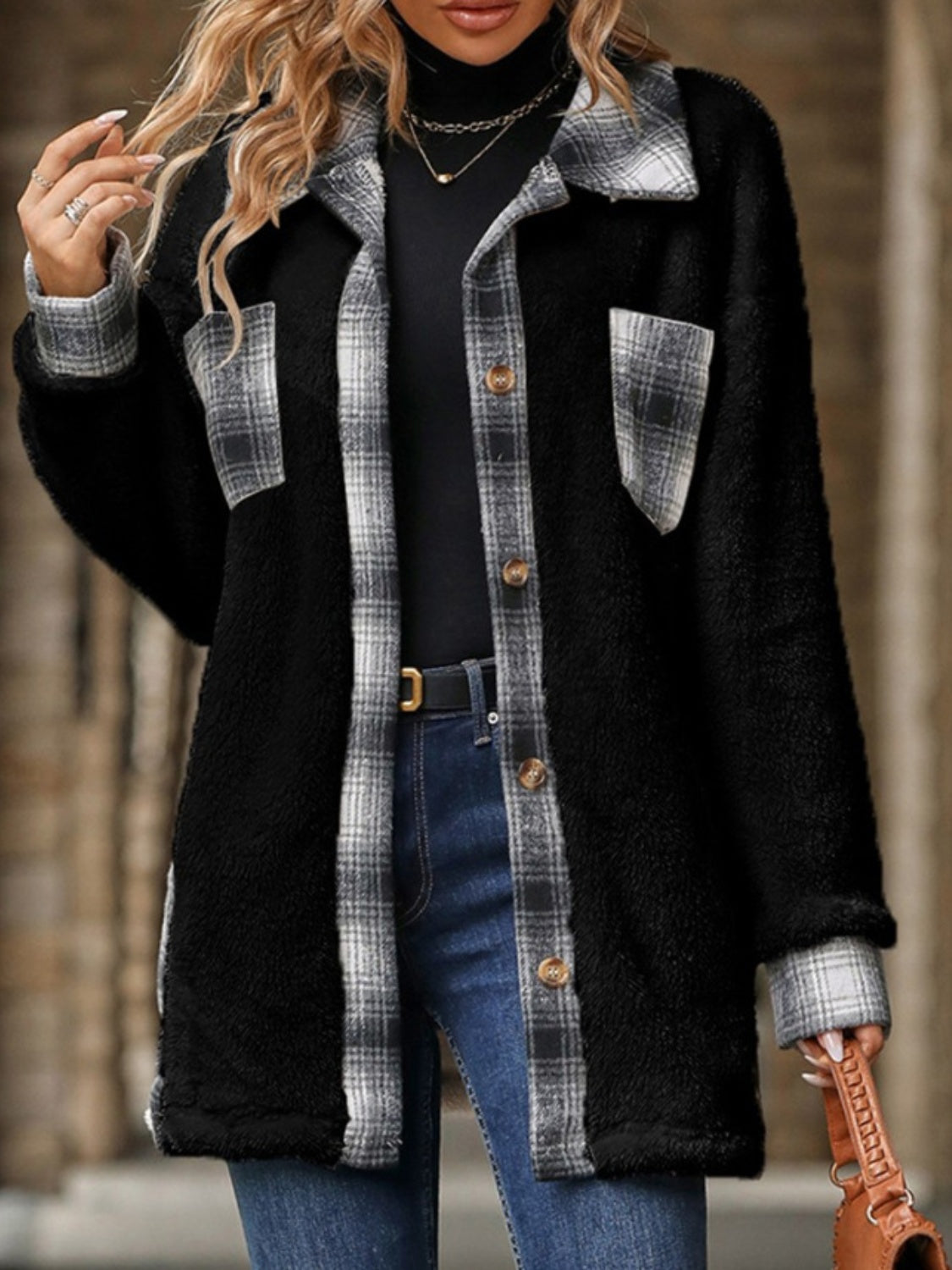 Plaid Button Up Long Sleeve Fuzzy Shacket - Sydney So Sweet