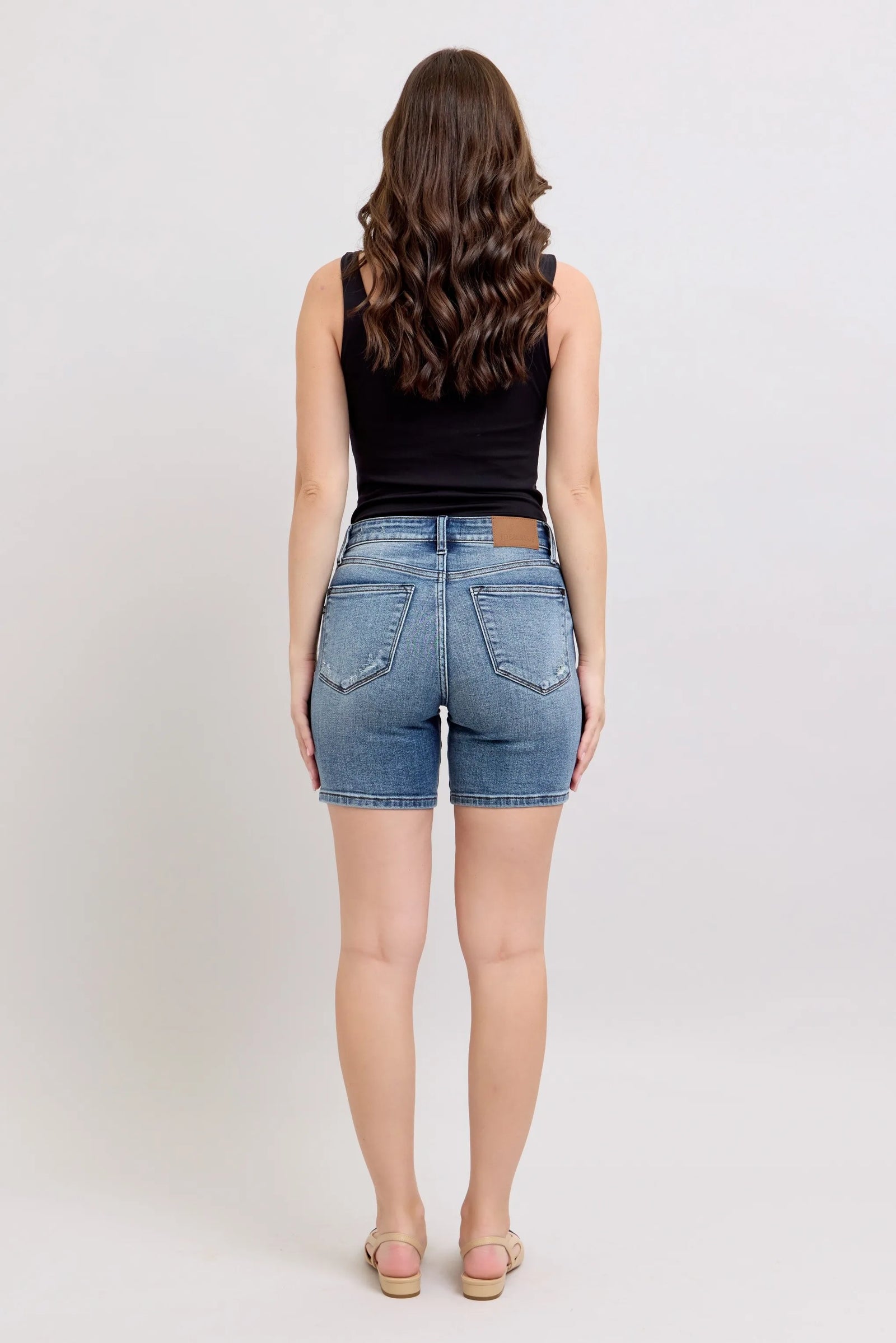 Judy Blue Button Fly Mid Length Denim Shorts W/ Destroy - Sydney So Sweet