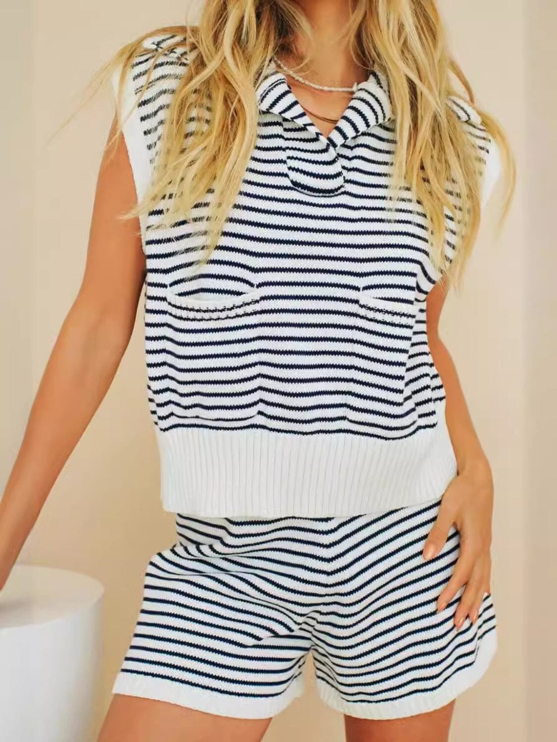 Striped Cap Sleeve Top and Shorts Sweater Set - Sydney So Sweet