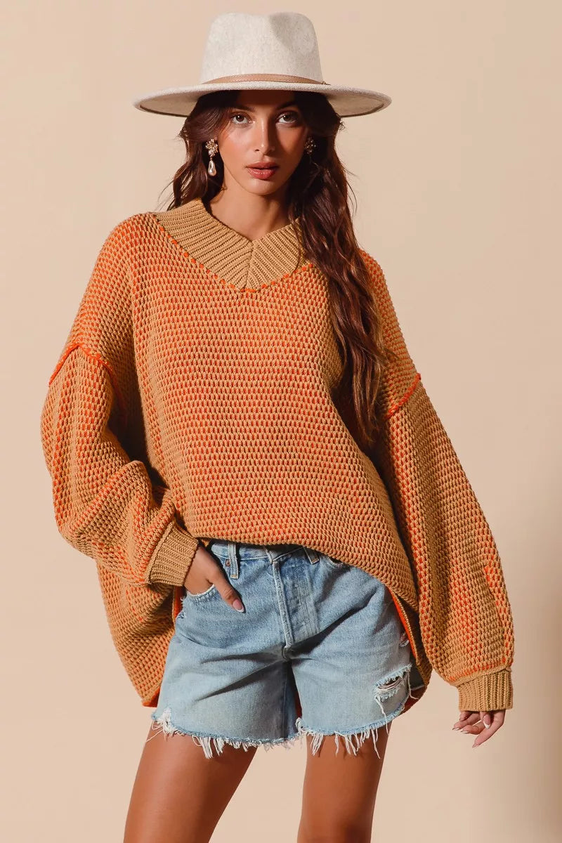 SO ME Oversized Two Tone Textured V Neck Sweater - Sydney So Sweet
