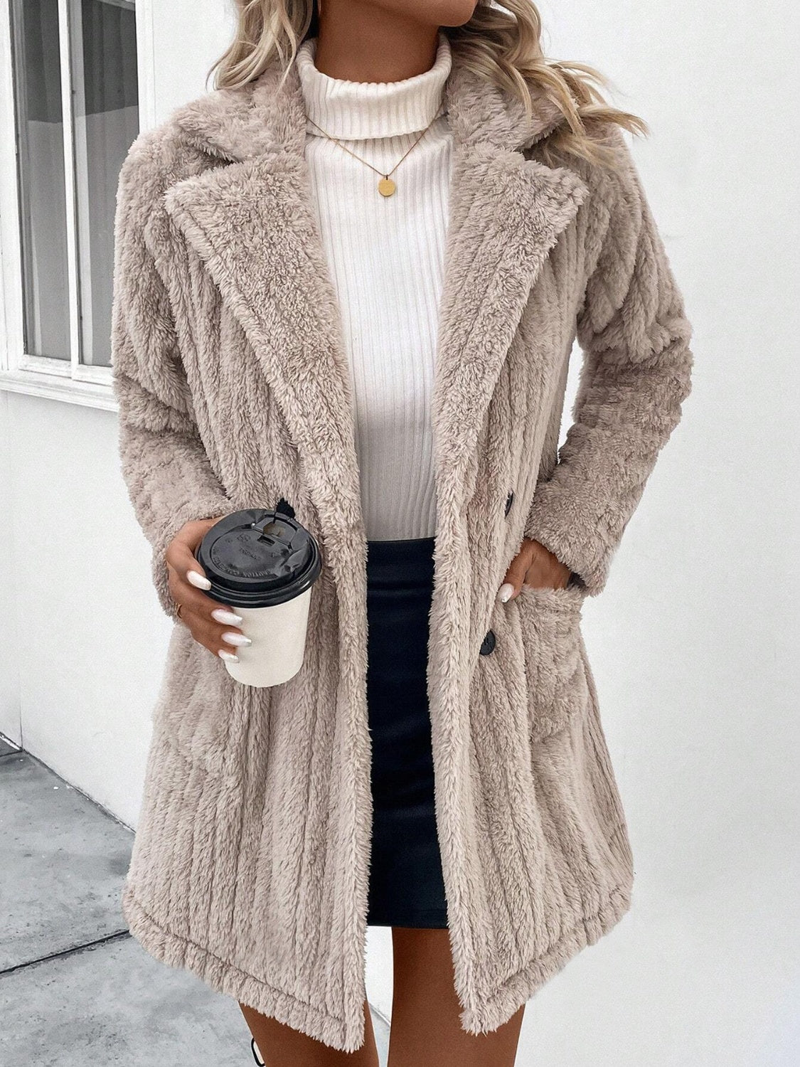 Fuzzy Button Up Long Sleeve Coat with Pockets - Sydney So Sweet