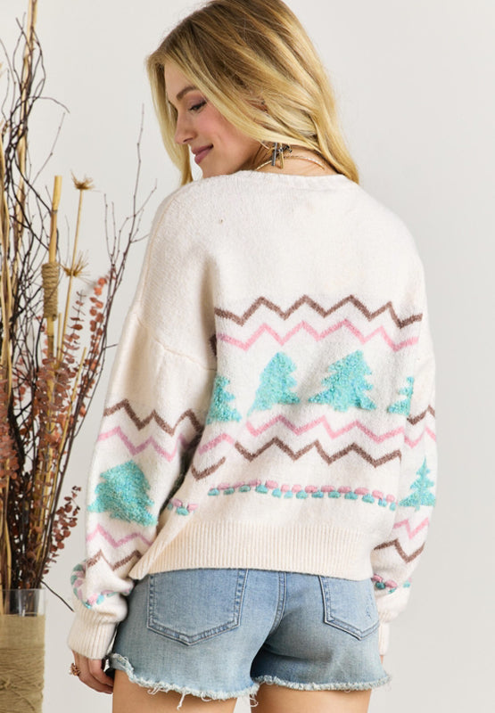 Christmas Tree Ribbed Hem Dropped Shoulder Sweater - Sydney So Sweet