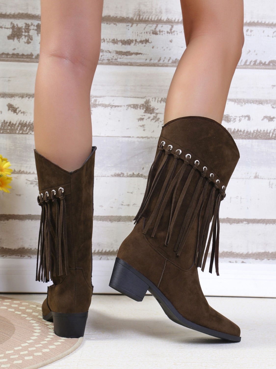 Fringe Suede Point Toe Block Heel Boots - Sydney So Sweet