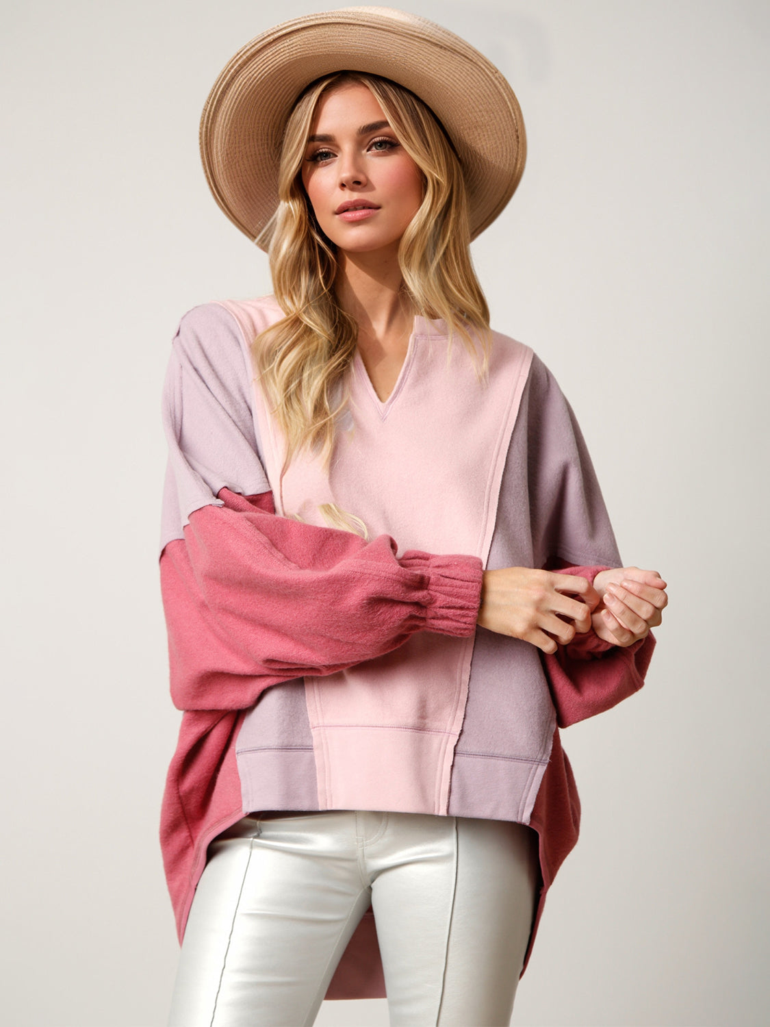 High-Low Contrast Notched Long Sleeve Sweatshirt - Sydney So Sweet