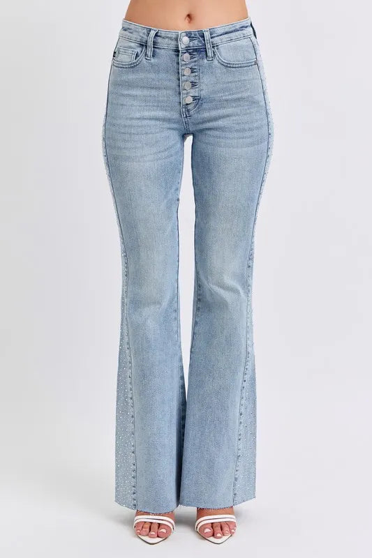 Judy Blue Full Size Mid Rise Rhinestone Side Panel Detail Flare Jeans Plus Size - Sydney So Sweet