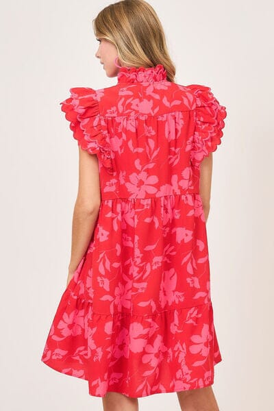 Umgee Full Size Two Tone Floral Print Ruffle Cap Sleeve Mini Dress Plus Size - Sydney So Sweet