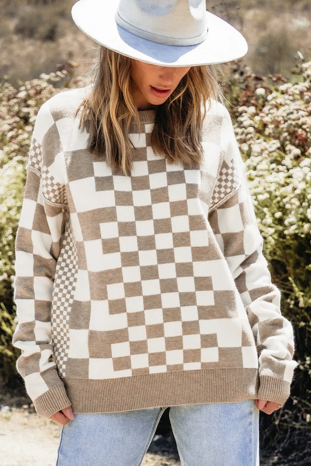 Checkered Round Neck Long Sleeve Sweater - Sydney So Sweet