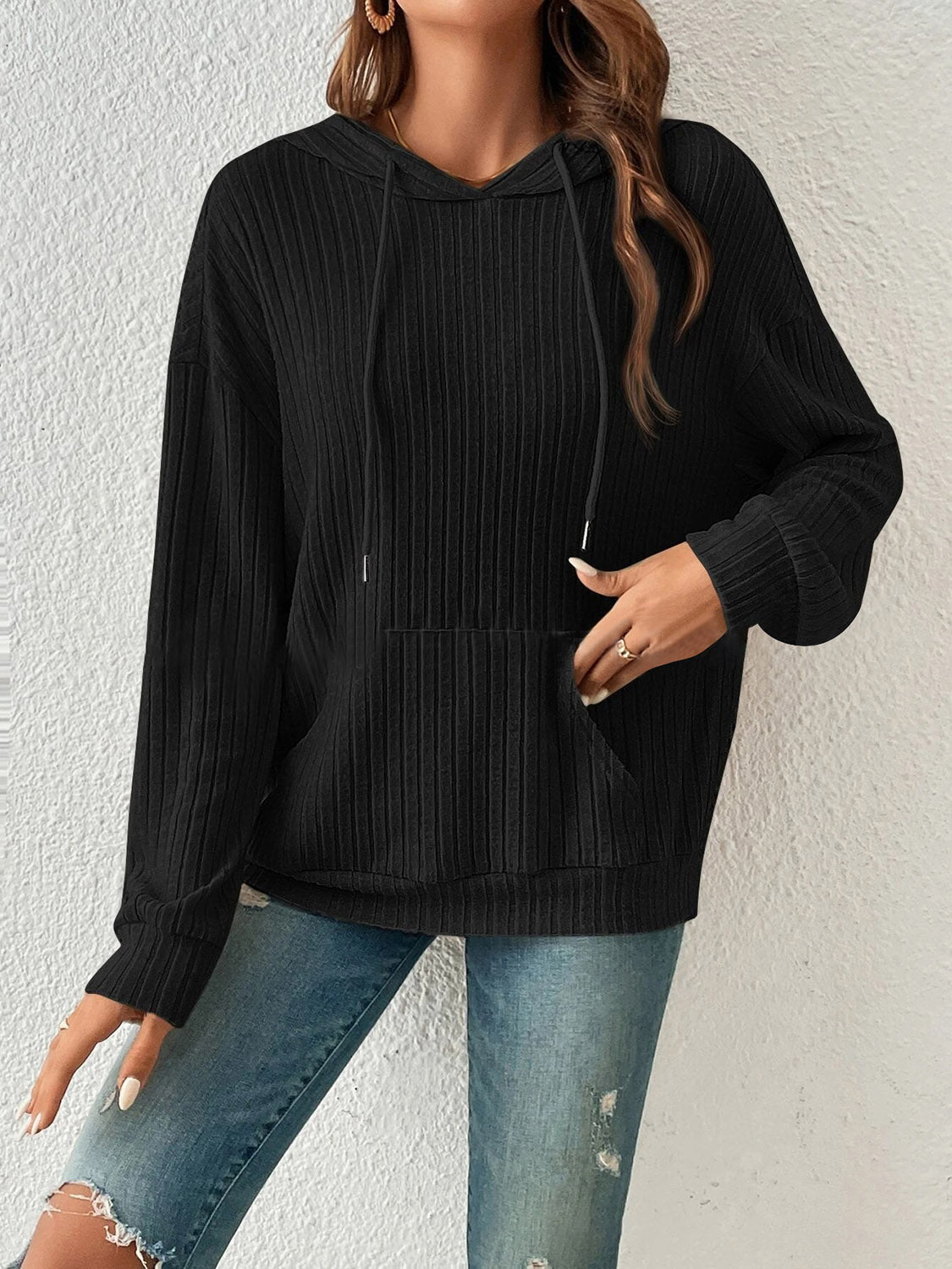 Ribbed Dropped Shoulder Drawstring Hoodie - Sydney So Sweet