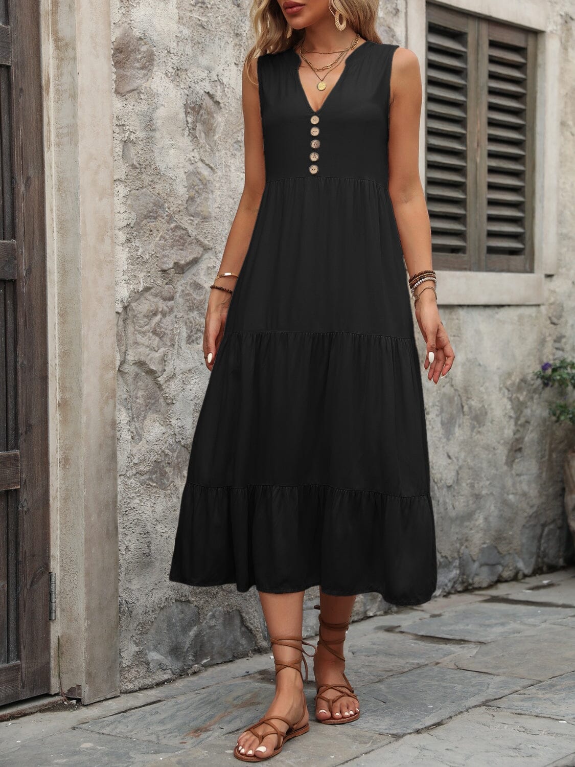 Decorative Button Notched Sleeveless Dress - Sydney So Sweet