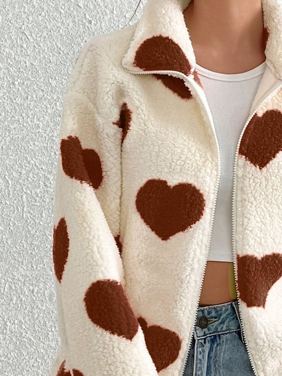 Heart Zip Up Drop Shoulder Furry Jacket - Sydney So Sweet